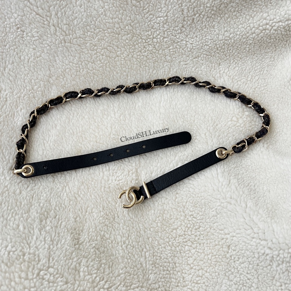 Auth Chanel 22K Classic Small CC Logo Tweed Chain Leather Belt - Size 70
